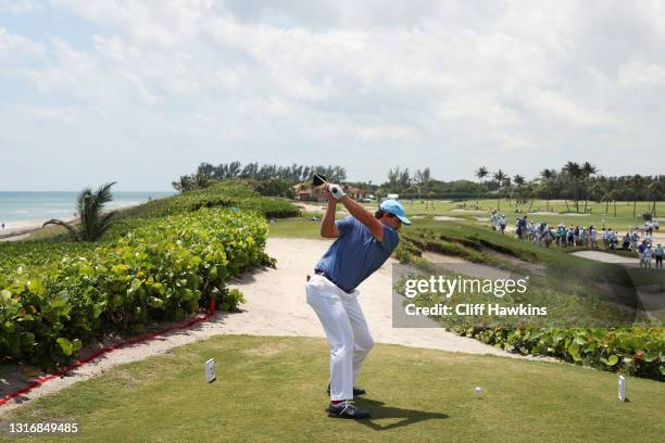 Quade Cummins of the United States Walker Cup team plays a shot during a practice day prior to The Walker Cup at Seminole Golf Club on May 07, 2021...