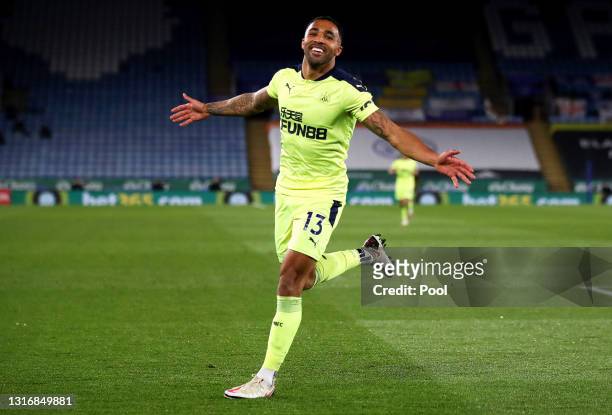 Callum Wilson of Newcastle United celebrates after scoring his team's third goal during the Premier League match between Leicester City and Newcastle...
