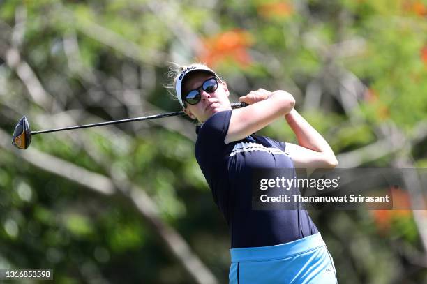 Nicole Broch Larsen of Denmark tees off during the second round of the Honda LPGA Thailand at the Siam Country Club Pattaya Old Course on May 07,...