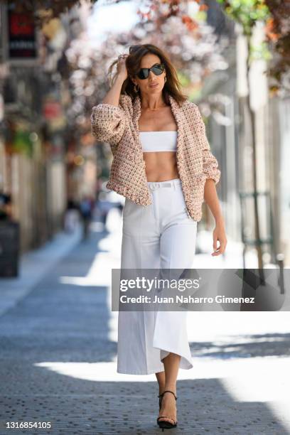 Nieves Alvarez wears look Valentino on May 07, 2021 in Madrid, Spain.