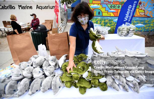 Sara Clak, organizes the stuffed animals during the SoCalGas"u2019 Fueling Our Communities Event to provide groceries and COVID-19 vaccines at the...