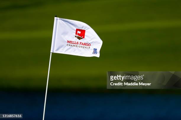 Flags blow in the breeze during the second round of the 2021 Wells Fargo Championship at Quail Hollow Club on May 07, 2021 in Charlotte, North...