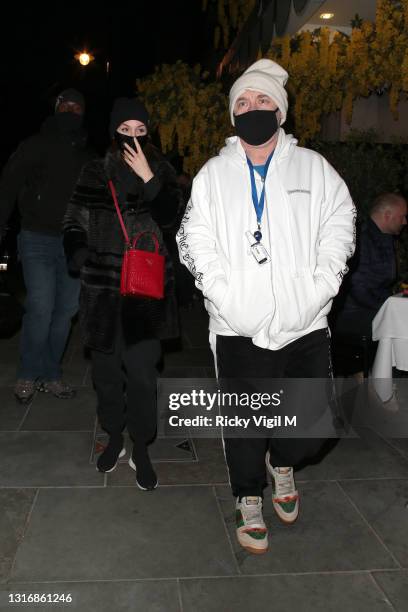 Damien Hirst and his girlfriend Sophie Cannell on a night out for dinner at Scott's restaurant in Mayfair on May 07, 2021 in London, England.