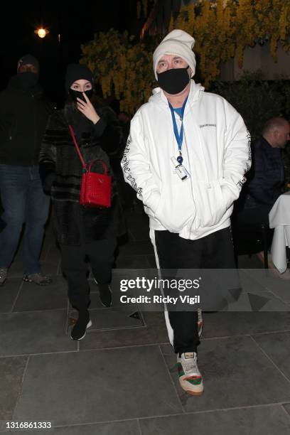 Damien Hirst and his girlfriend Sophie Cannell on a night out for dinner at Scott's restaurant in Mayfair on May 07, 2021 in London, England.