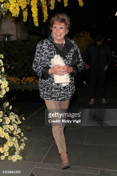 Angela Rippon seen on a night out for dinner at Scott's restaurant in Mayfair on May 07, 2021 in London, England.