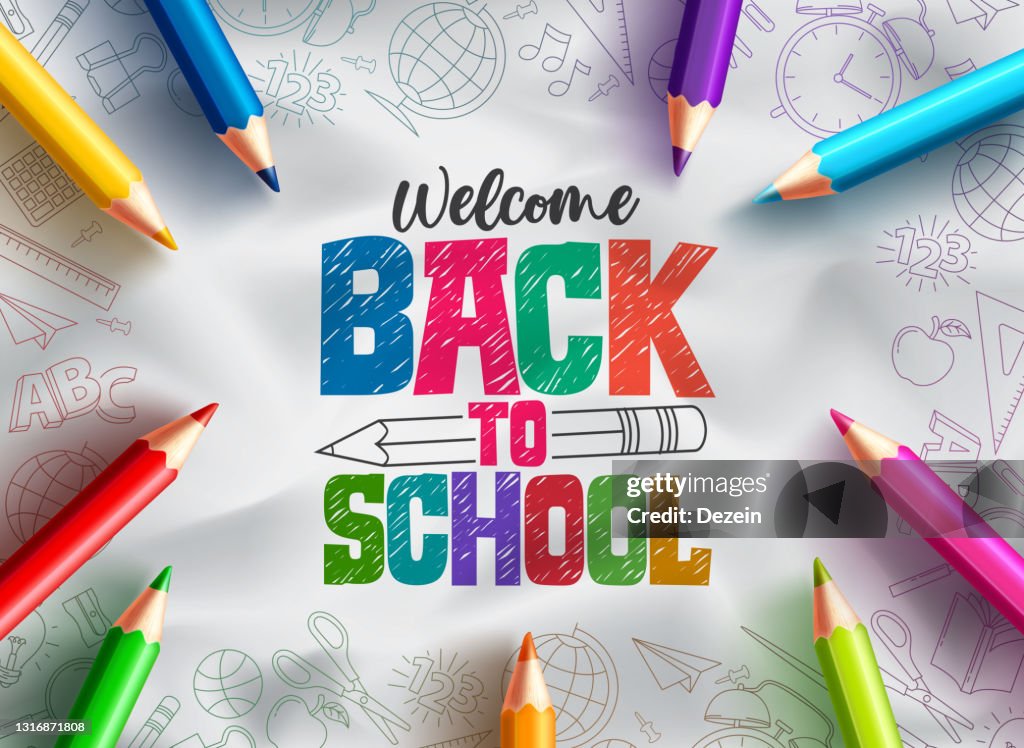 Back to school vector background design. Welcome back to school text with colorful pencils educational supplies
