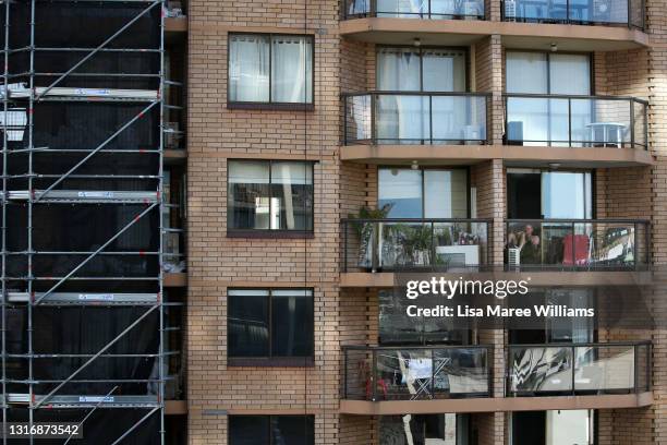 High-rise apartment block is seen under renovation in the inner city suburb of Surry Hills on May 08, 2021 in Sydney, Australia. Property prices...