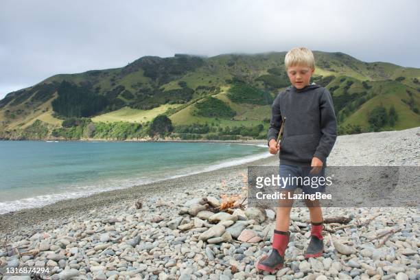 child with campfire on stoney beach - summer camping new zealand stock pictures, royalty-free photos & images
