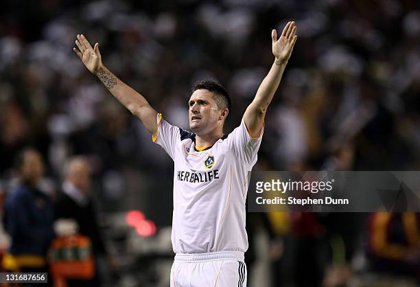 Robbie Keane of the Los Angeles Galaxy celebrates after scoring the Galaxy's third goal against Real Salt Lake in the MLS Western Conference...