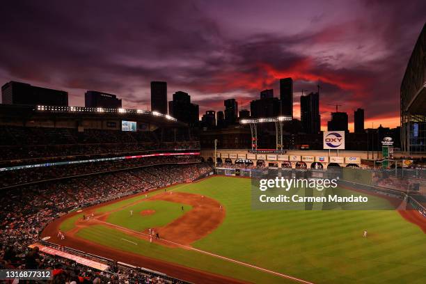 General view of the game between the Houston Astros and the Toronto Blue Jays during the third inning at Minute Maid Park on May 07, 2021 in Houston,...