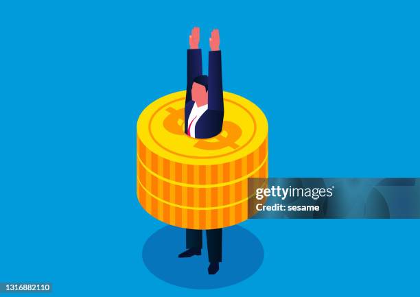 businessman trapped in gold coins, financial debts and traps - manage invest stock illustrations