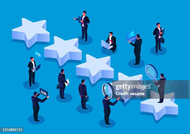 isometric five stars and a group of businessmen at work - financial satisfaction stock illustrations