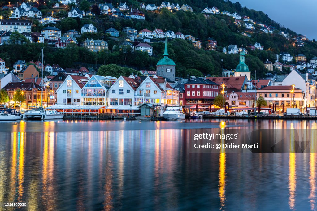 Twilight over the famous Bergen harbor in Norway