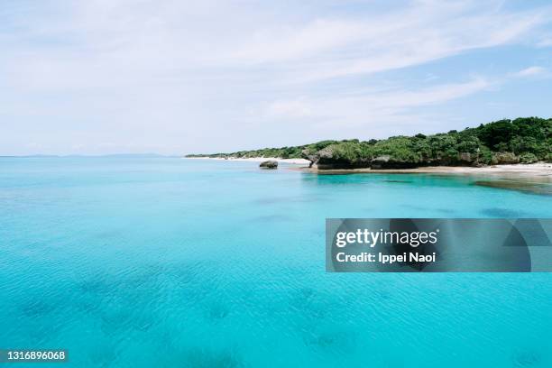 tropical water of coral-reef lagoon, aragusuku, okinawa, japan - okinawa blue sky beach landscape stock-fotos und bilder