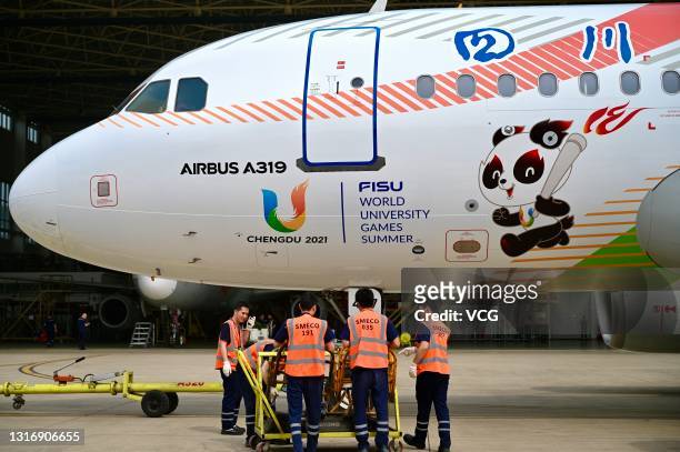 Newly-painted Airbus A319 aircraft of Sichuan Airlines is unveiled to celebrate the Chengdu 2021 FISU World University Games on May 7, 2021 in...