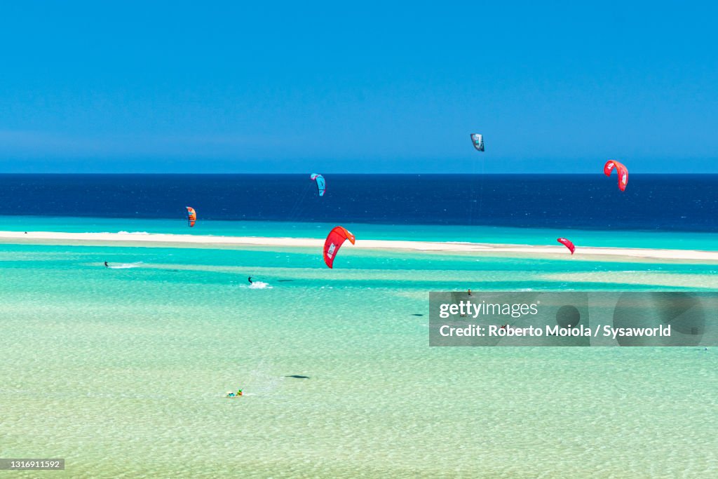Kite surfers at Sotavento beach, Fuerteventura, Canary Islands