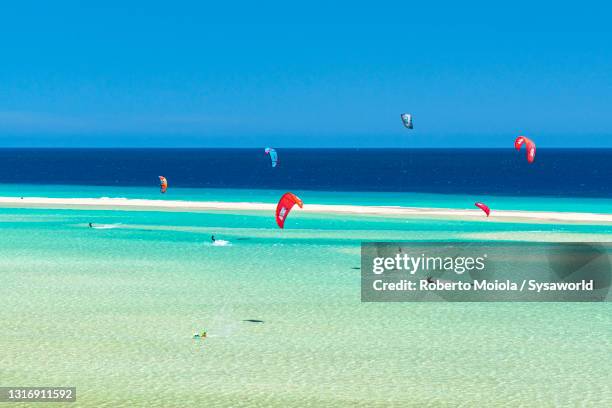 kite surfers at sotavento beach, fuerteventura, canary islands - fuerteventura bildbanksfoton och bilder