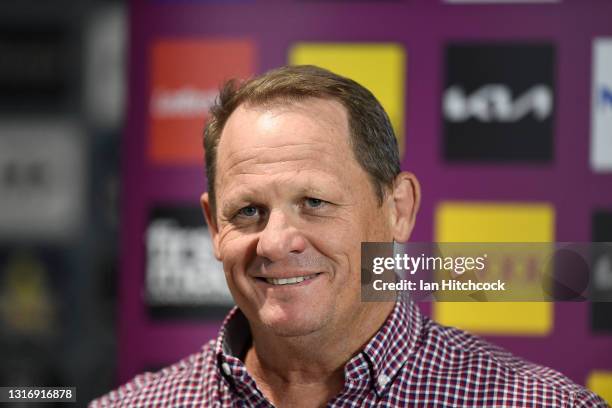 Broncos coach Kevin Walters speaks to the media before the start of the round nine NRL match between the North Queensland Cowboys and the Brisbane...