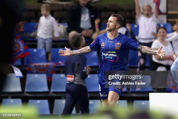 Roy O'Donovan of the Jets celebrates his goal during the A-League match between Newcastle Jets and Sydney FC at McDonald Jones Stadium, on May 08 in...