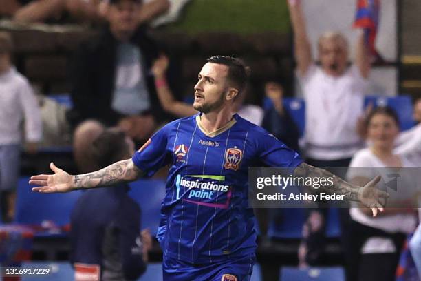 Roy O'Donovan of the Jets celebrates his goal during the A-League match between Newcastle Jets and Sydney FC at McDonald Jones Stadium, on May 08 in...