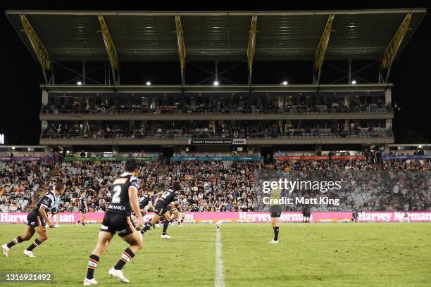 The eastern stand is seen after being temporarily re-named after the late Tommy Raudonikis during the round nine NRL match between the Wests Tigers...