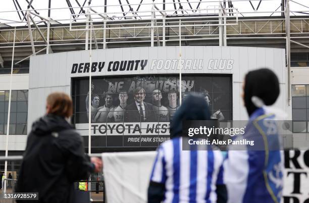 Sheffield Wednesday fans gather outside the stadium prior to the Sky Bet Championship match between Derby County and Sheffield Wednesday at Pride...