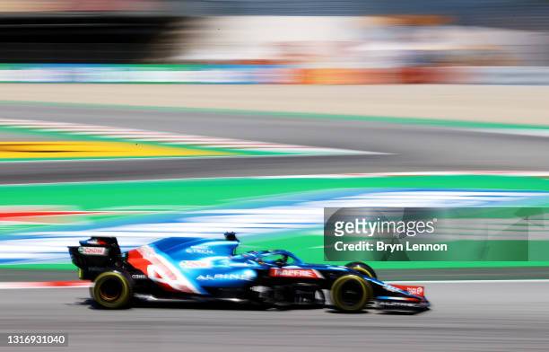 Fernando Alonso of Spain driving the Alpine A521 Renault on track during final practice for the F1 Grand Prix of Spain at Circuit de...