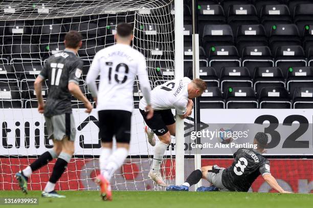 Martyn Waghorn of Derby County collides with the post after missing a shot during the Sky Bet Championship match between Derby County and Sheffield...