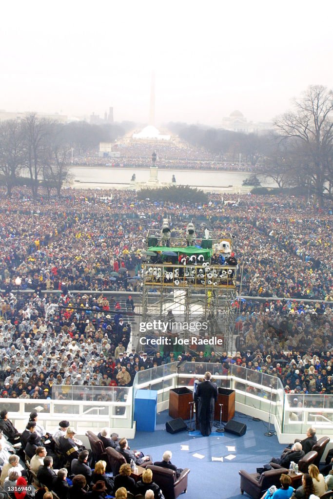 Newly sworn in President George W. Bush gives his inaugural address ...