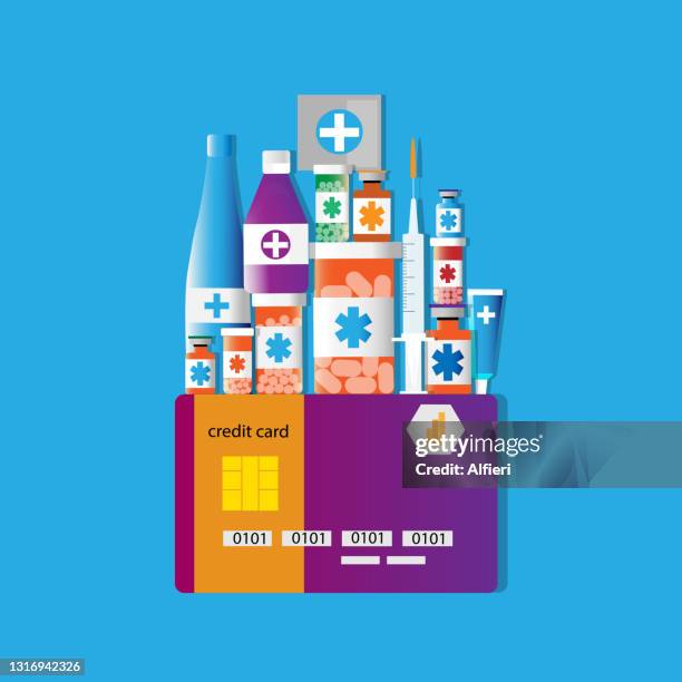 balancing prescription costs - pill bottle color background stock illustrations