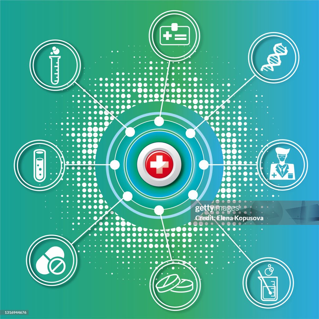Abstract colored medical background with icons.