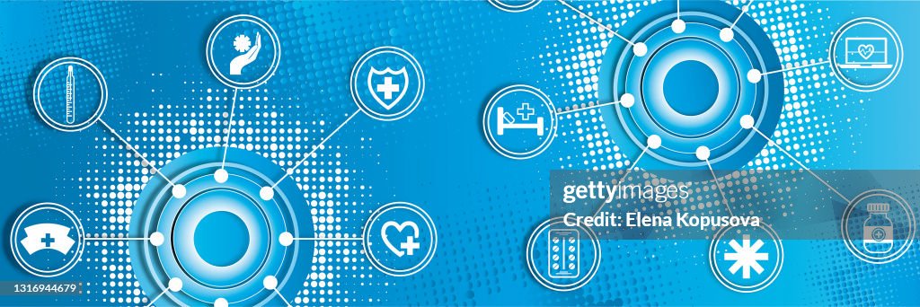 Abstract colored medical background with icons.