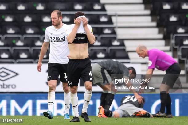 Graeme Shinnie of Derby County looks dejected after conceding their side's second goal scored by Callum Paterson of Sheffield Wednesday during the...