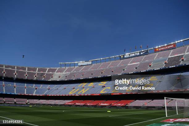 General view inside the stadium prior to the La Liga Santander match between FC Barcelona and Atletico de Madrid at Camp Nou on May 08, 2021 in...