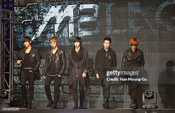 South Korean idol boy band, MBLAQ perform on stage at the 2011 Nongshim Sharing Love Concert at Olympic Gymnasium on November 6, 2011 in Seoul, South...