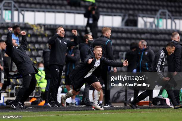 Martyn Waghorn of Derby County celebrates his side's victory which see's them remain in the Sky Bet Championship after the match between Derby County...