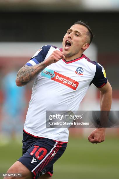 Antoni Sarcevic of Bolton Wanderers celebrates scoring their opening goal during the Sky Bet League Two match between Crawley Town and Bolton...