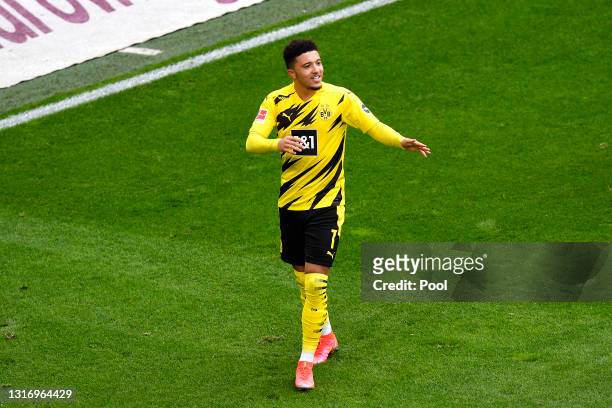 Jadon Sancho of Borussia Dortmund celebrates after scoring their team's second goal during during the Bundesliga match between Borussia Dortmund and...