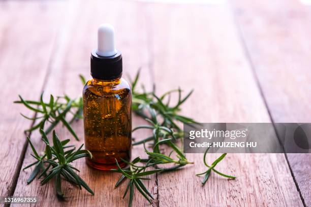 rosemary essential oil and fresh twig on wooden table - apothecary bottle stock pictures, royalty-free photos & images
