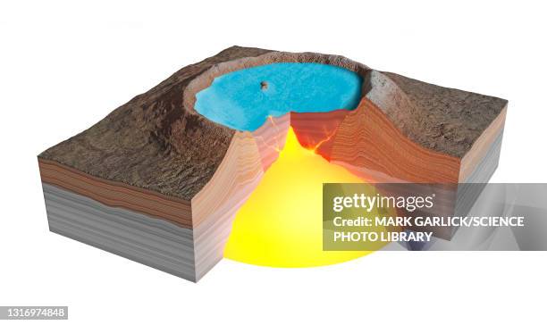 collapsed caldera filled with water, illustration - krakatau stock illustrations