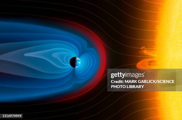 ilustraciones, imágenes clip art, dibujos animados e iconos de stock de earth's magnetosphere, illustration - physics