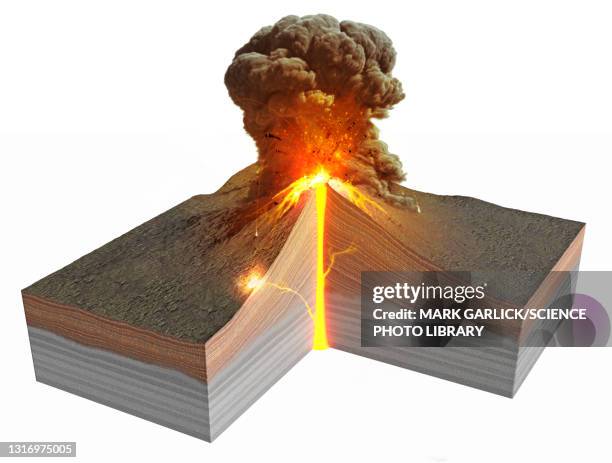 stratovolcano erupting, illustration - lava stock illustrations