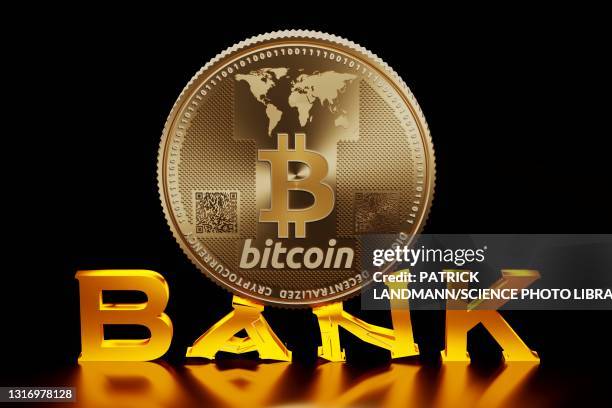 bitcoin destroying banking, conceptual illustration - bitcoin stock-grafiken, -clipart, -cartoons und -symbole