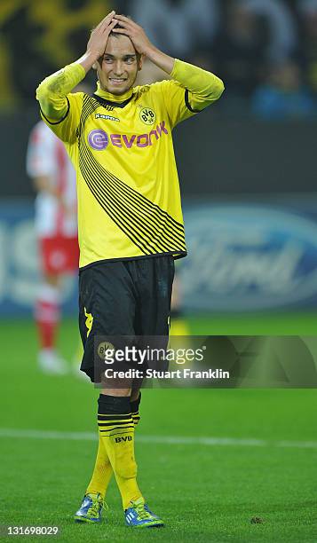 Moritz Leitner of Dortmund reacts during the UEFA Champions League group F match between Borussia Dortmund and Olympiacos FC at Signal Iduna Park on...