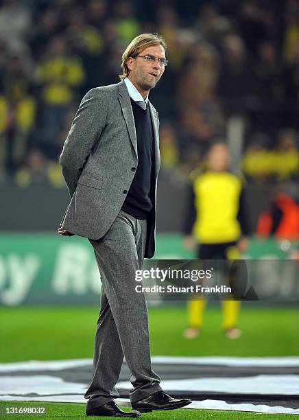 Juergen Klopp, head coach of Dortmund looks on during the UEFA Champions League group F match between Borussia Dortmund and Olympiacos FC at Signal...