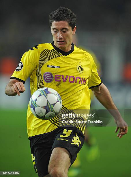 Robert Lewandowski of Dortmund in action during the UEFA Champions League group F match between Borussia Dortmund and Olympiacos FC at Signal Iduna...