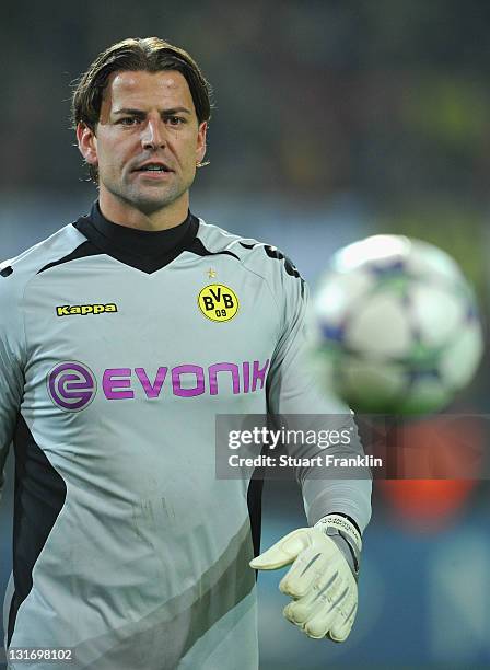 Roman Weidenfeller of Dortmund in action during the UEFA Champions League group F match between Borussia Dortmund and Olympiacos FC at Signal Iduna...