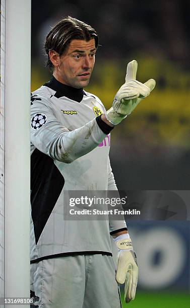 Roman Weidenfeller of Dortmund in action during the UEFA Champions League group F match between Borussia Dortmund and Olympiacos FC at Signal Iduna...