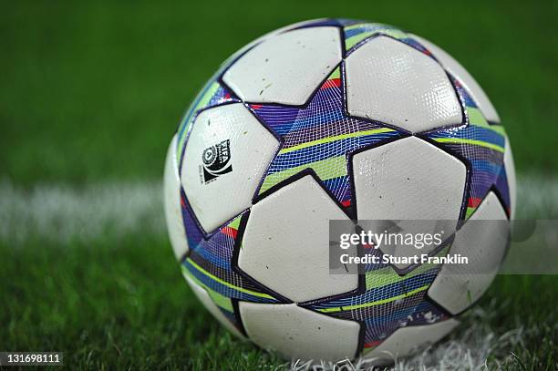 The UEFA Champions league ball during the UEFA Champions League group F match between Borussia Dortmund and Olympiacos FC at Signal Iduna Park on...