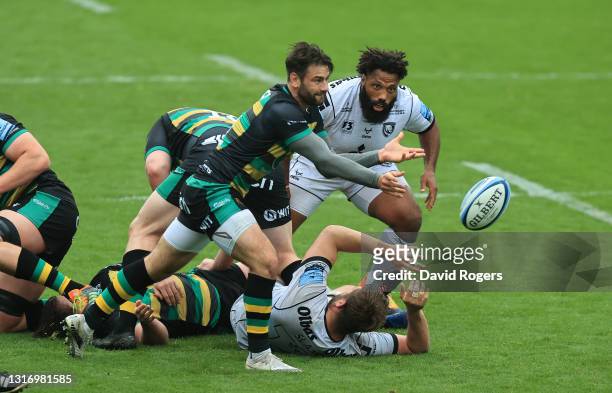 Henry Taylor of Northampton Saints passes the ball during the Gallagher Premiership Rugby match between Northampton Saints and Gloucester at...